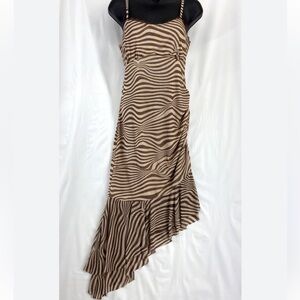Striped Brown and Cream Spaghetti Strap Midi Dress
